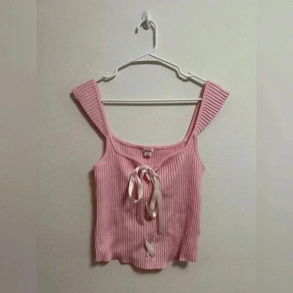NWT - Urban Outfitters - Kimchi Blue - Pink Baby Doll Bow Ribbed Tank - Size L - Picture 1 of 8